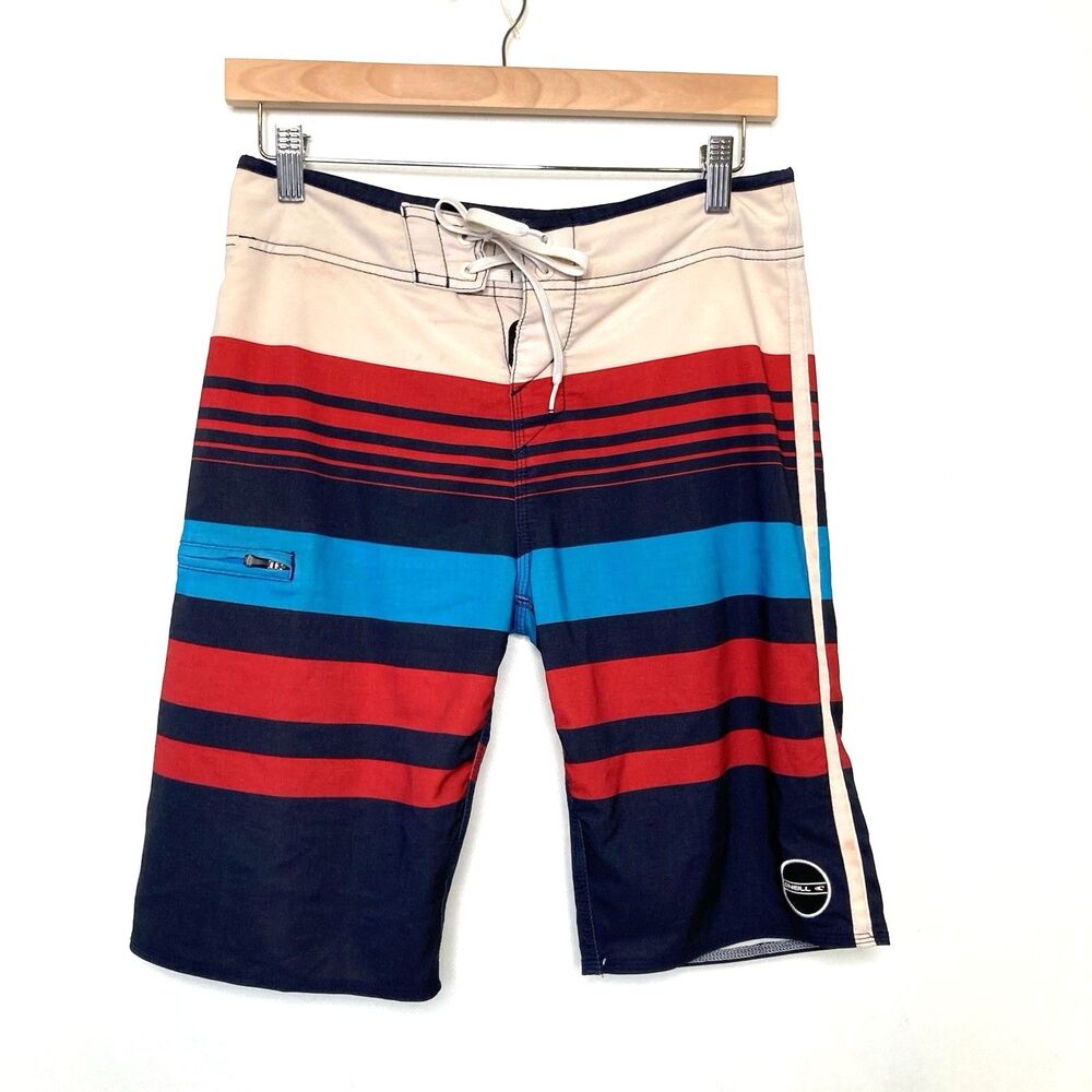 O’Neill HYPERFREAK Board-Shorts Men’s 28 Red White Blue Striped Beachy Trunks
